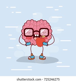 brain cartoon with glasses and eating apple in background light blue vector illustration