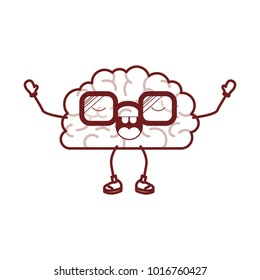 brain cartoon with glasses and emotional expression in dark red contour