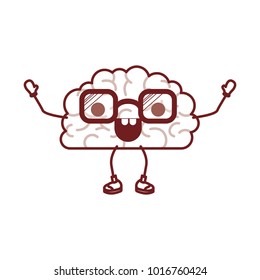 brain cartoon with glasses and happy expression in dark red contour