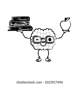 brain cartoon with glasses holding books and apple with wink expression in black blurred contour