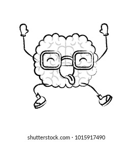 brain cartoon with glasses jumping for joy in black blurred contour