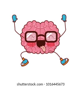 brain cartoon with glasses jumping for joy in colorful silhouette with brown contour