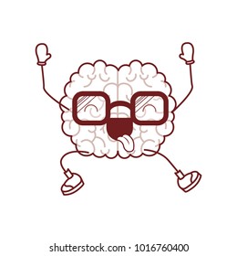 brain cartoon with glasses jumping for joy in dark red contour