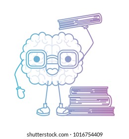 brain cartoon with glasses and learning books in degraded blue to purple color contour