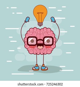 brain cartoon with glasses and light bulb on top in background light blue vector illustration