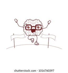 brain cartoon with glasses running and passing the finish line with funny expression in dark red contour