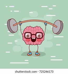 brain cartoon with glasses and weightlifting and background in light green vector illustration