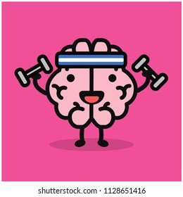 Brain Cartoon Lifting Dumbbells Vector Illustration