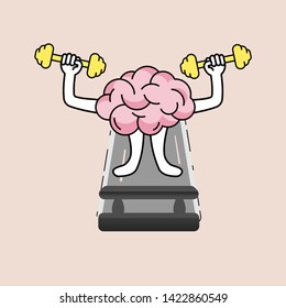 Brain cartoon lifting dumbell and walking on treadmill. Developing growth mindset concept. Vector illustration outline flat design style.