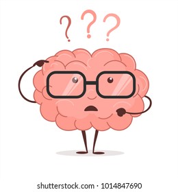 Brain cartoon with questions and glasses, human intellect thinks, Brainstorming infographic, concept of mental, isolated on white background vector
