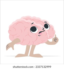 Caricatura cerebral con preguntas, piensa el intelecto humano, infografía de lluvia de ideas, concepto de aislamiento mental sobre fondo blanco. fuerte concepto de cerebro de dibujos animados. Concepto de personaje de pensamiento de órganos cerebrales. 2151