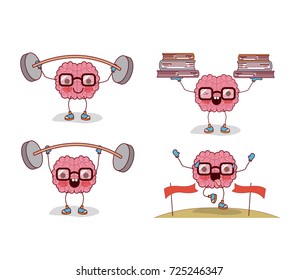 brain cartoon set with glasses and exercising physical and mental in white background vector illustration