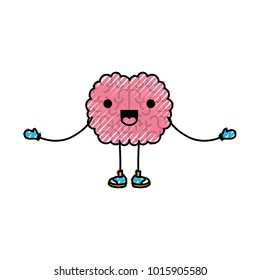 brain cartoon in standing position with open arms and cheerful expression in colored crayon silhouette