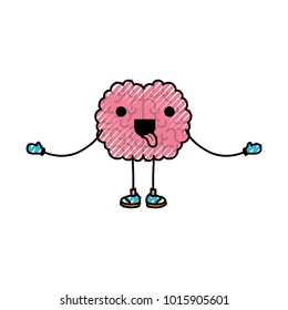 brain cartoon in standing position with open arms and funny expression in colored crayon silhouette