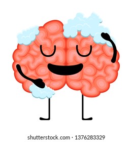 Brain cartoon taking a shower with shampoo. Vector illustration design