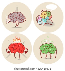 Brain cartoon, various kinds of bad habits. Anger, addict, poisoning, smoking. Vector isolated set of images
