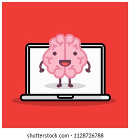 Brain Cartoon Vector Illustration inside a Laptop Artificial Intelligence Concept