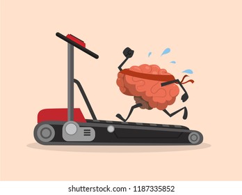 Brain Cartoon Working Out On A Treadmill - Mental Exercise Cartoon Character Illustration