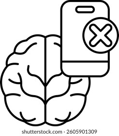 A brain and a cell phone with an X on it. The brain is surrounded by a leaf