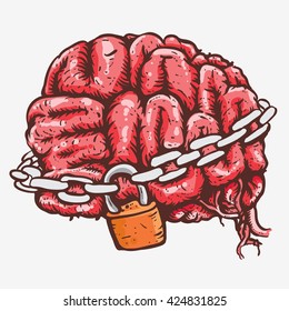 brain with chain around and padlock like locked brain drawing color