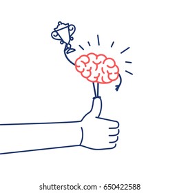 Brain champion. Vector concept illustration of best brain with golden goblet standing on thumb up | flat design linear infographic icon red and blue on white background