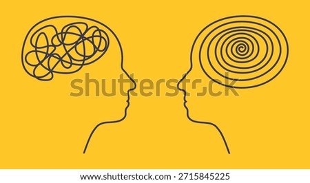 Brain chaos visualization for psychology and therapy topics. Mental disorder concept with messy tangled lines representing stress, anxiety, and the journey toward calm through professional help.
