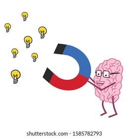 Brain Character Attracting Creative Idea Light Bulb Symbol with Big Magnet - Vector