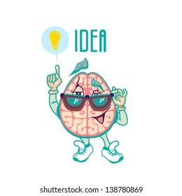 brain character with big idea sign