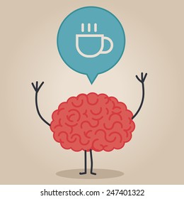Brain character with a bubble chat: coffee