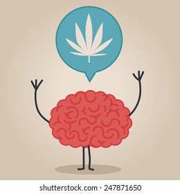 Brain character with a bubble chat: drugs