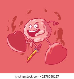Dibujo de un vector cardíaco con carácter cerebral. Amor, mascota, concepto de diseño divertido.
