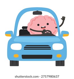 Brain character driving a car, representing smart decision making, navigation, travel planning, focus, and modern transportation concept.
