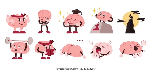 Brain Character With Emotion And Activity Set, Vector, Illustration