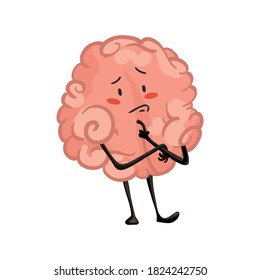 Brain character emotion. Brain character stands pensive. Funny cartoon emoticon. Vector illustration isolated on white background