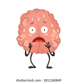 Brain character with emotion. Brain character stands scared and sweaty. Funny cartoon emoticon. Vector illustration isolated on white background