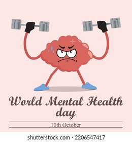 Brain character exercising by dumbbells set vector illustration poster and banner design, happy world mental health typography background