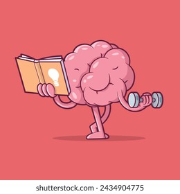 Brain Character exercising and reading a book vector illustration. Learning, sports design concept.