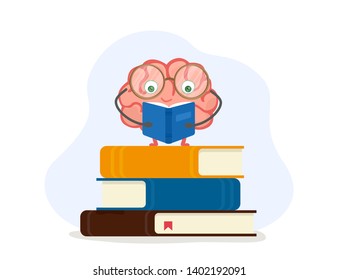 Brain character in glasses standing on books reads. Vector illustration education concept.