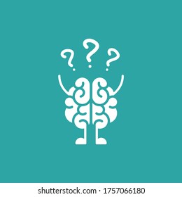 brain character with hands, legs and question marks. Intellect, phsychology, knowledge simple pictogram isolated on blue. flat vector illustration.  