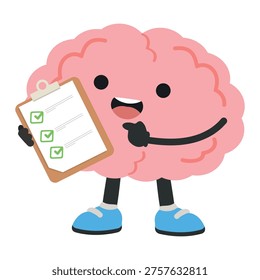 Brain character holding checklist, representing task management, organization, planning, productivity, and goal tracking for efficient workflow and success.