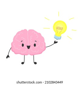 Hirnfigur mit Ideenlampe. Cute Cartoon glückliche Gehirn mit Einsicht. Innere menschliche Organe. Stock-Vektorgrafik einzeln auf weißem Hintergrund.