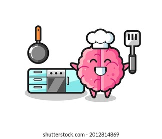 brain character illustration as a chef is cooking , cute style design for t shirt, sticker, logo element