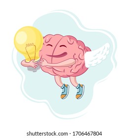 Der Hirncharakter, der von der Idee inspiriert wurde, steigt in die Höhe. Das Gehirn hält die Glühbirne. Ein Symbol für eine neue Idee, die mir einfiel. Vektorillustration. durch die Idee inspirierter Charakter steigt auf.Das Gehirn hält die