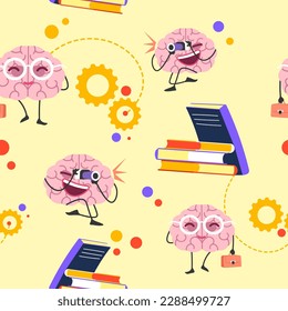Brain character looking through binoculars. Mind with books and literature keeping cognitive functioning at a high level. Seamless pattern, wallpaper or background print. Vector in flat style