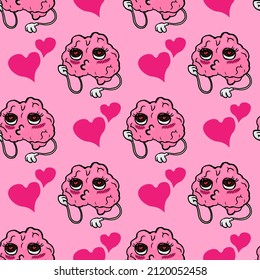 Brain character in love seamless vector pattern