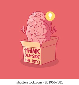 Brain character outside the box vector illustration. Intelligence, creativity, funny design concept.