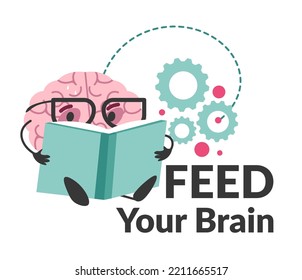 Brain character reading book, educating and studying. Isolated mind personage wearing glasses processing information from publication. Feed your thoughts and imagination. Vector in flat style