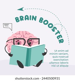 Brain character reading a book, flat design, vector illustration, brain booster concept, isolated on light background.