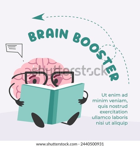 Brain character reading a book, flat design, vector illustration, brain booster concept, isolated on light background.