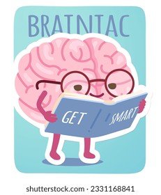 Brain character reading book, getting smart. Animated cartoon smart human brain in glasses studying sticker. Brainiac genius, intellect, education, knowledge concept flat vector illustration